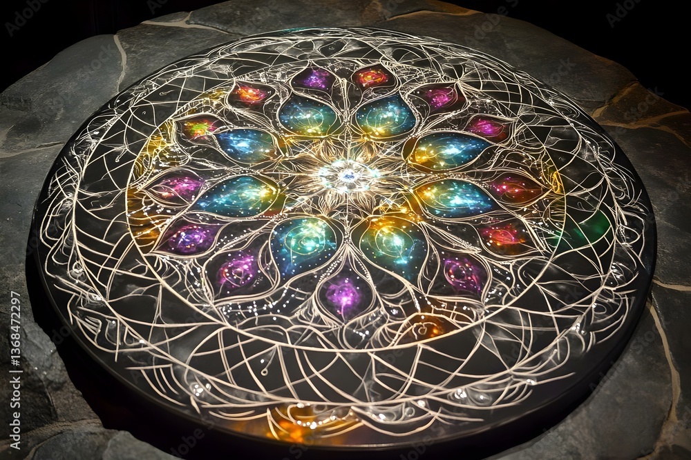 Poster a circular design with intricate patterns and vibrant colors resembling a celestial or cosmic mandal