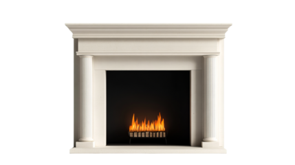 Fireplace with flaming fire logs on the black backdrop, cut out transparent