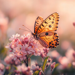 Obraz premium Butterfly perched delicately on vibrant flower petals in a sunlit garden, displaying striking colors and intricate patterns in a harmonious natural composition.