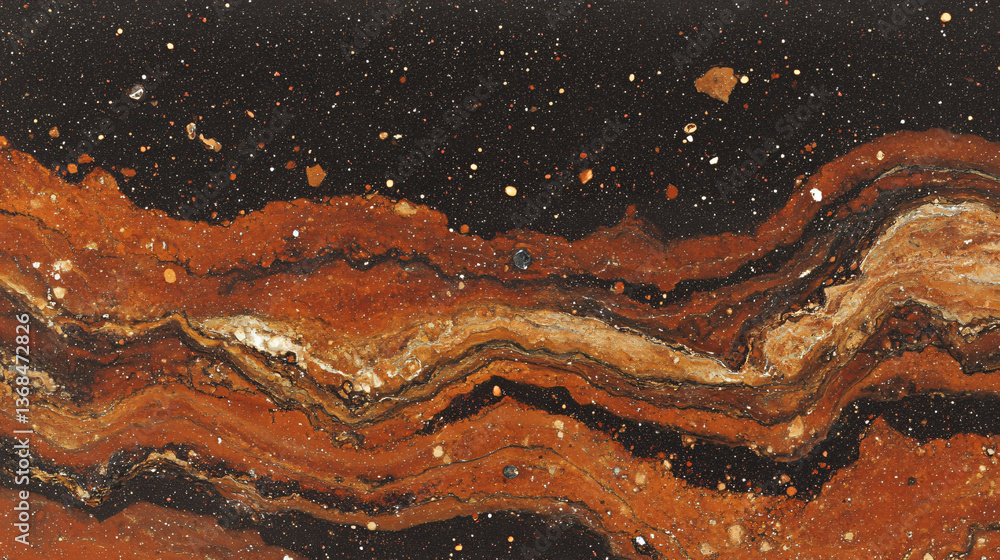 Poster deep dark and orange colored surface representing the fusion of molten copper and obsidian in a rich