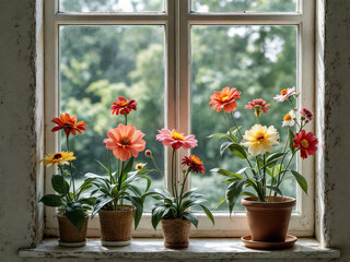 Serene Window Sill with Vibrant Potted Flowers in Full Bloom Against a Lush Green Garden Backdrop, Capturing Natural Beauty and Tranquility