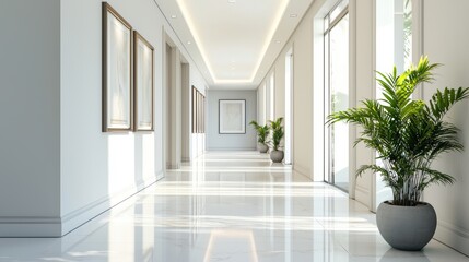 Light and Airy Interior Hallway with Marble Floor, Elegant Artwork and Lush Green Potted Plants