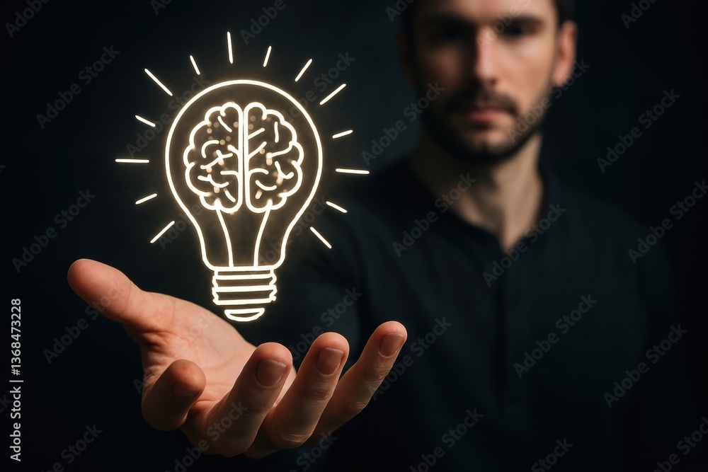 Poster illuminating idea: a focused individual, presenting a glowing lightbulb with a brain inside, symboli