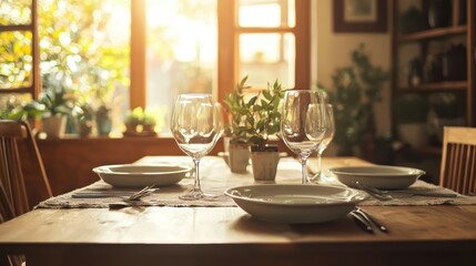 Elegant Dining Table Setting with Bright Natural Sunlight Wine Glasses Plate and Green Plant Home Interior