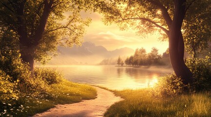 Scenic Lake Path at Sunrise Surrounded by Trees and Mountains