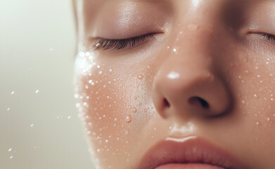 Fototapeta premium Close-up of a woman's face with closed eyes and water droplets on her skin, highlighting natural beauty and freshness. 