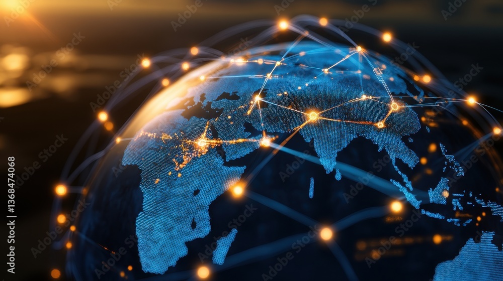 Poster digitally enhanced image of earth at sunset with glowing nodes showing global network of interconnec