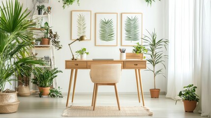 Fototapeta premium Serene Workspace Home Office with Natural Wood Desk Green Plants and Palm Leaf Art Prints Indoor Environment