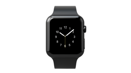 A close up shot of a black smartwatch with a black band against a black background image