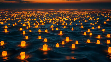 Obraz premium A tranquil twilight ocean filled with glowing lanterns drifting on gentle waves. The warm golden lights contrast beautifully with the deep blue water, Created with generative AI.