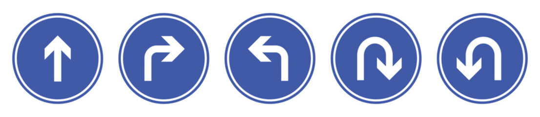 Go straight, left and right direction, u turn left and right arrow direction icon vector. road sign icons. direction icon set. traffic symbols. vector illustration on transparent background