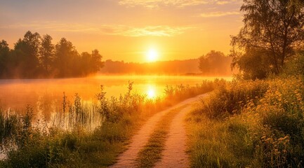 Naklejka premium Golden Sunrise Over Calm Lake with Path and Misty Reflections