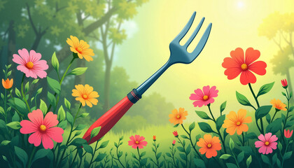 Vibrant gardening fork amidst colorful garden flowers, nature's beauty