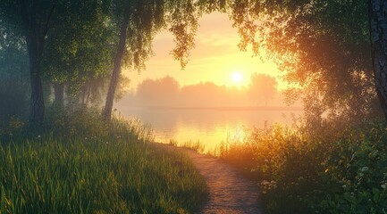 Fototapeta premium Walking Path by Lake at Sunset with Trees and Foggy Background