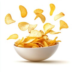 potato chips flying on bowl, isolated or white background