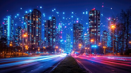 Urban Nightscape with Futuristic Digital Lights and Traffic Flow in a Modern City Landscape