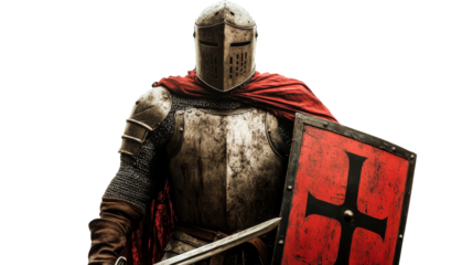 Medieval knight in armor with shield and sword, cut out transparent