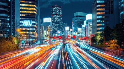 Obraz premium Night city highway, traffic streaks, skyscrapers, advertising