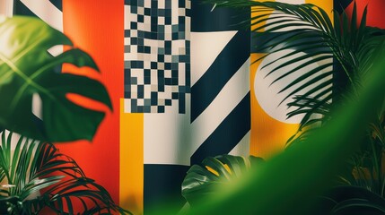 Vibrant geometric patterns behind monstera and palm leaves create a tropical serene nature background scene