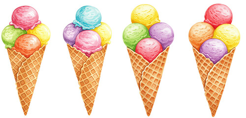 Set of colourful ice cream cones with scoops in waffle cones, watercolour clipart illustration isolated on a transparent background