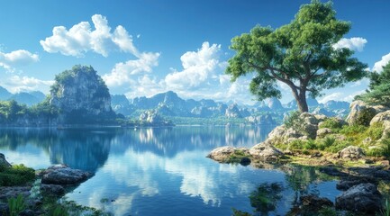 Fototapeta premium Scenic Mountain Lake Reflection with Tree and Blue Sky Clouds