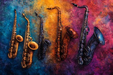 Jazz instruments forming a vibrant, abstract pattern on a textured background, creating a bold and artistic design