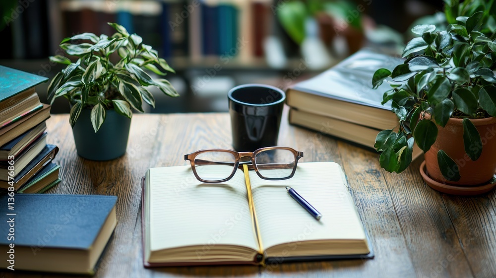 Poster natural light illuminates study desk with open journal glasses pen and plants in tranquil setting