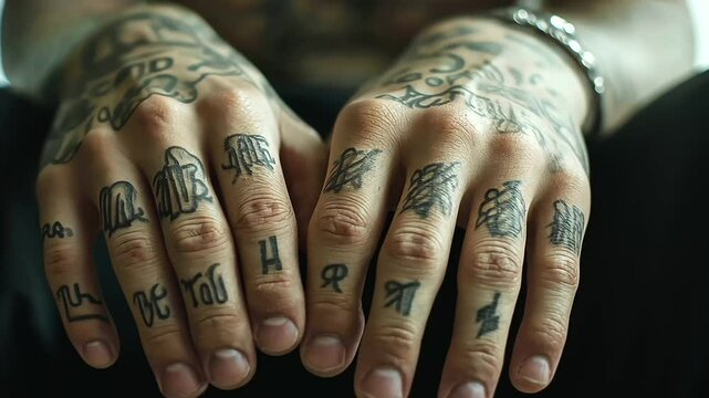 A close-up of hands covered in fine-line tattoos, detailed script and tiny symbols elegantly wrapping around the fingers and knuckles.
