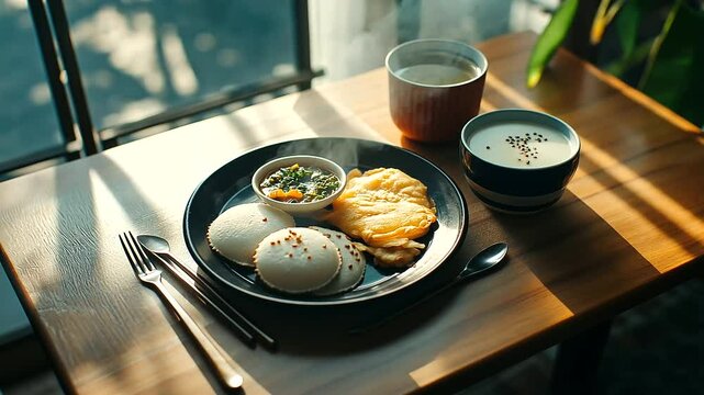 A cozy breakfast moment with a South Indian spread on a wooden dining table, featuring steaming idlis coated in spicy podi, crispy vadas, uttapam with fresh toppings, and a rich co