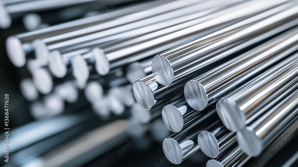 Poster close-up view of stacked shiny metal rods with a reflective surface.