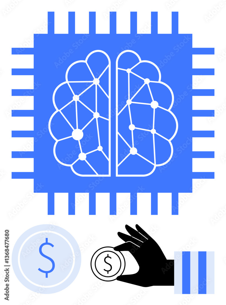 Poster brain circuit within a microchip symbolizing ai, below currency coin and a hand holding a coin. idea