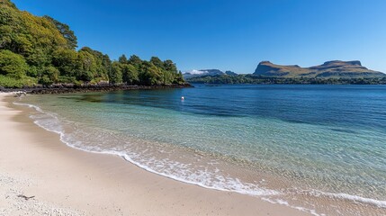 Obraz premium Secluded beach, clear water, mountains, sunny day, idyllic escape