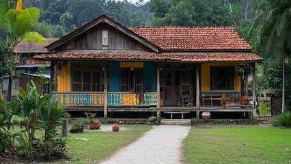 Malaysia traditional rustic wooden kampung house in the rural village, slow pace and laidback lifestyle 