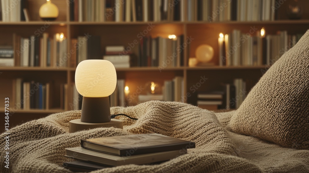 Poster cozy reading nook featuring a lit table lamp books and a knit blanket creating a warm ambiance in a 