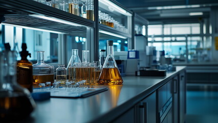 Chemistry laboratory with experimental apparatus, chemical in conical flask and glass container for chemical reaction experiment