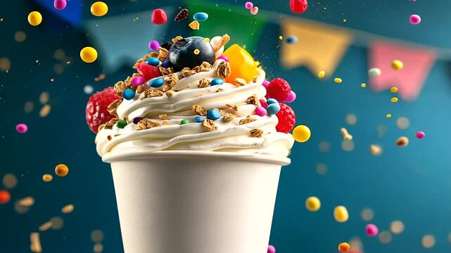 A delightful frozen yogurt cup swirled high with creamy goodness, topped with vibrant fresh fruits, crunchy granola, and rainbow sprinkles, set against a festive background with co