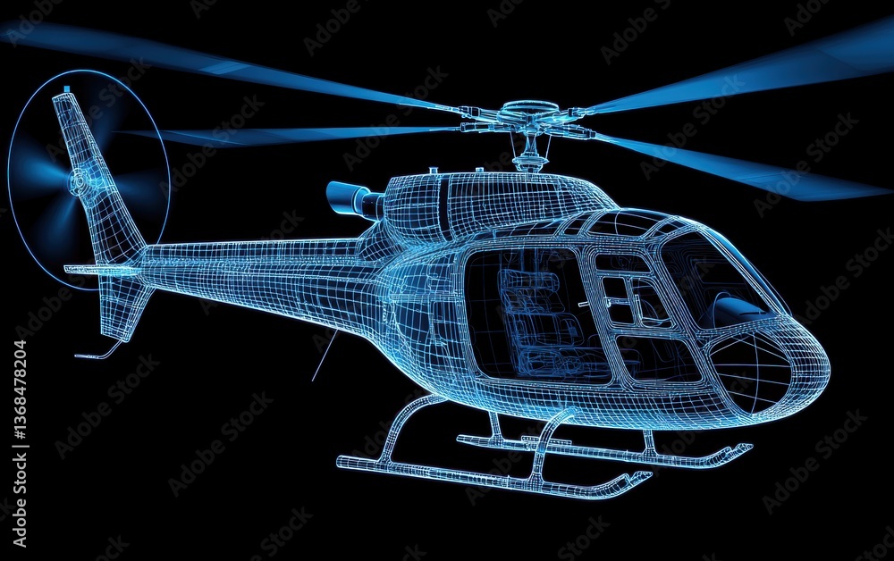 Poster high-tech digital blueprint of a helicopter, displaying intricate mechanical components and structur