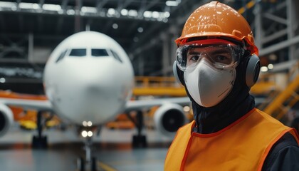 Fototapeta premium Modern aircraft technician wearing protective gear, standing in a spacious hangar, representing innovation and precision in the aviation industry