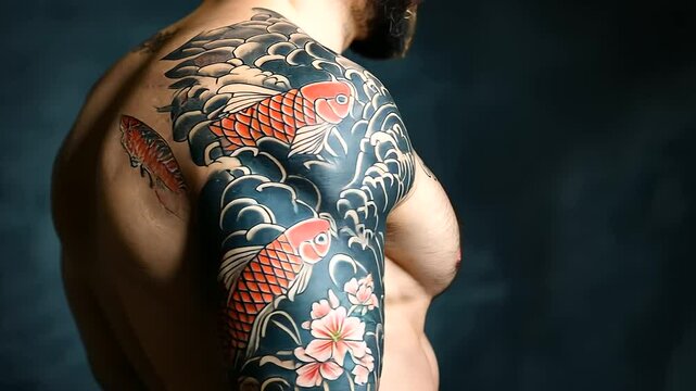 A bold full-sleeve tattoo on a muscular arm, a mix of Japanese-style waves, koi fish, and cherry blossoms, captured in dramatic lighting.