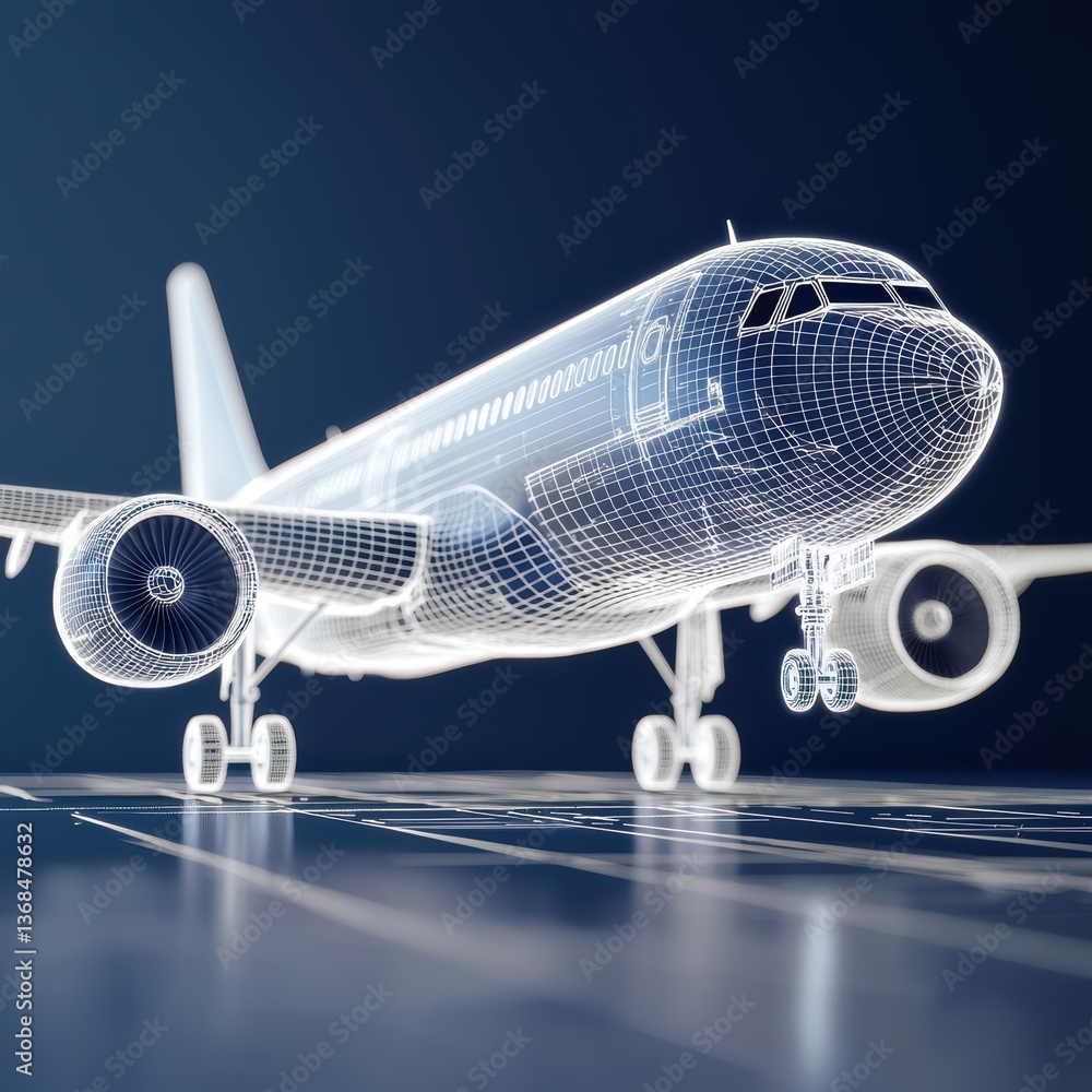 Poster high-tech aerospace design with a glowing blueprint overlay, emphasizing the intricate planning and 