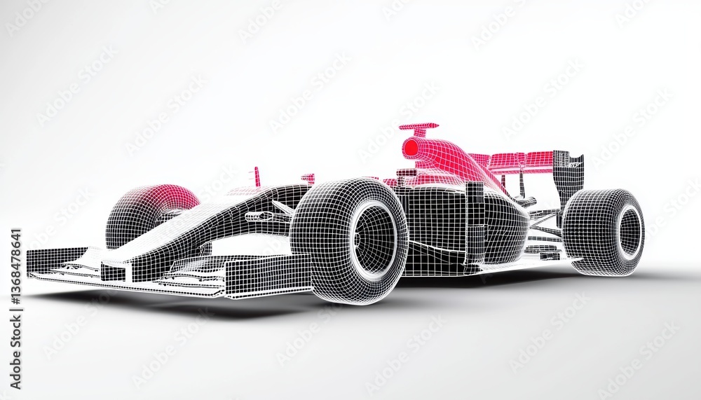 Poster hyper-realistic wireframe model of an f1 car with exploded technical views, revealing internal compo