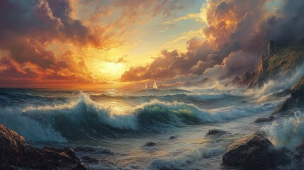 Fototapeta premium Ocean Waves Crashing on Rocky Shoreline at Sunset with Sailboats