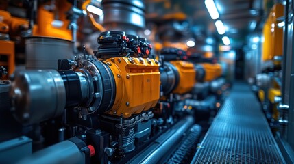 Fototapeta premium Industrial Machinery: Close-up of Advanced Engine Systems in a Modern Factory