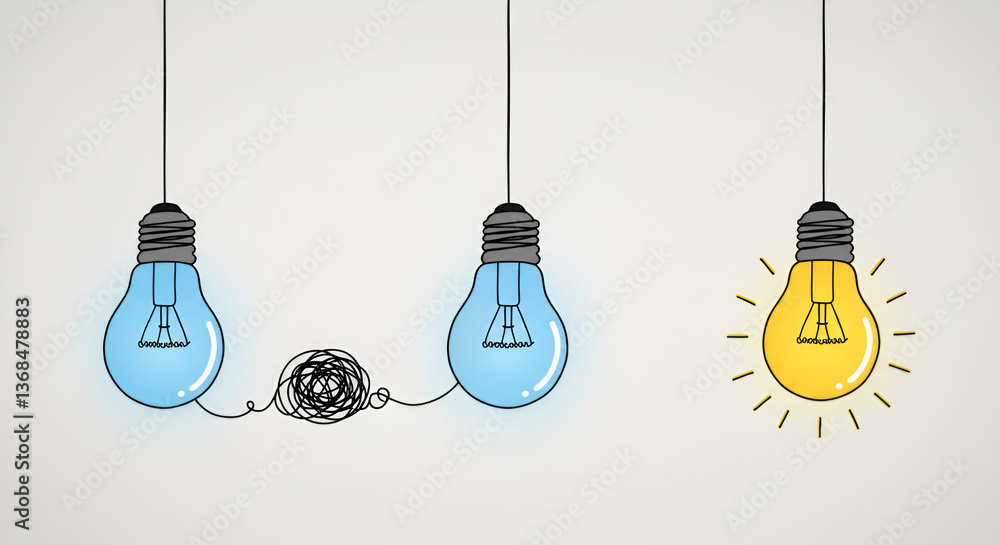 Poster blue and yellow lightbulbs symbolizing idea generation and problem solving process on white backgrou
