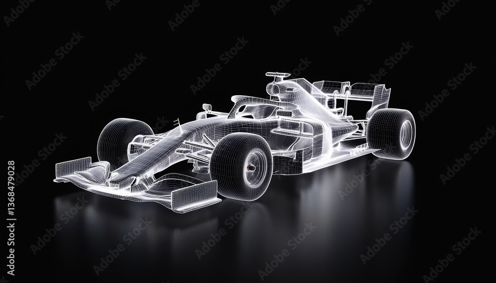 Poster hyper-realistic wireframe model of an f1 car with exploded technical views, revealing internal compo