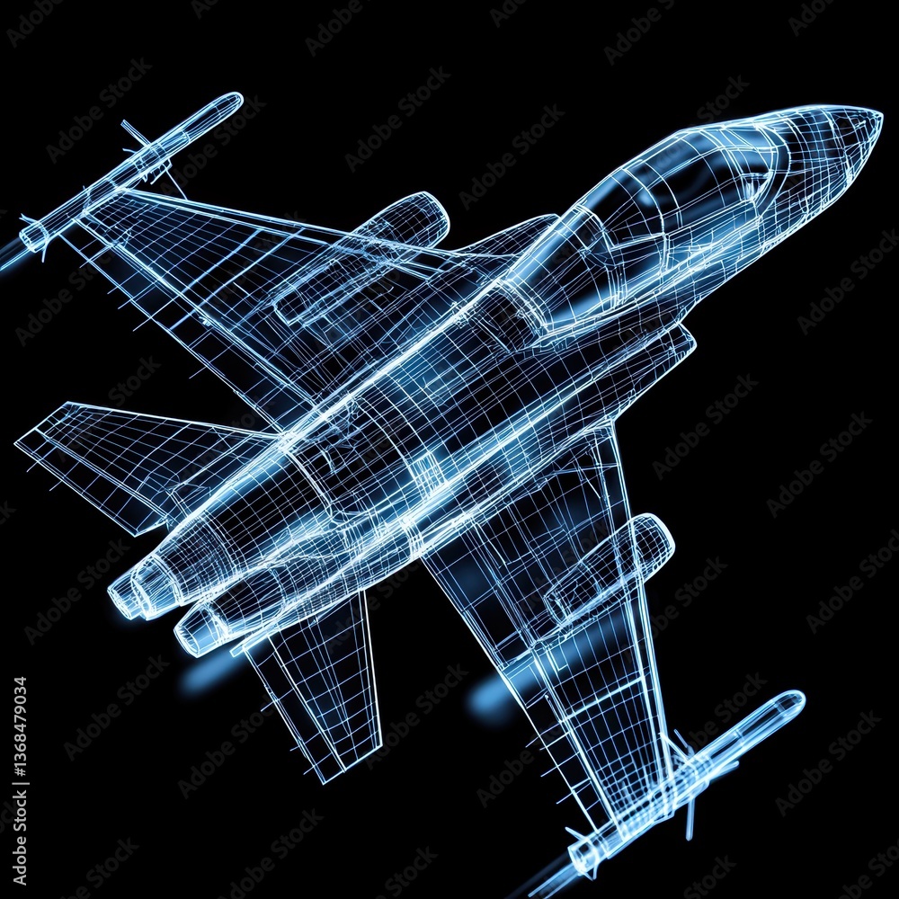 Poster high-tech aerospace design with a glowing blueprint overlay, emphasizing the intricate planning and 