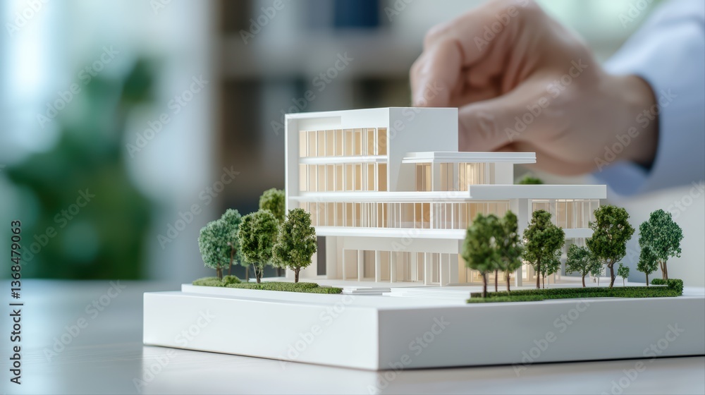 Poster hand placing component on architectural model display