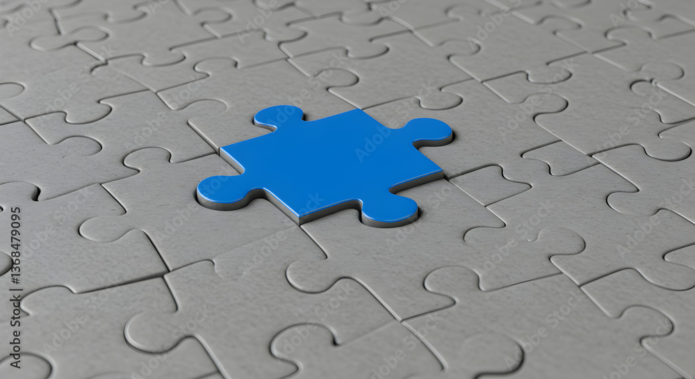 Poster blue jigsaw puzzle piece on gray background representing solution and completeness with intricate pu