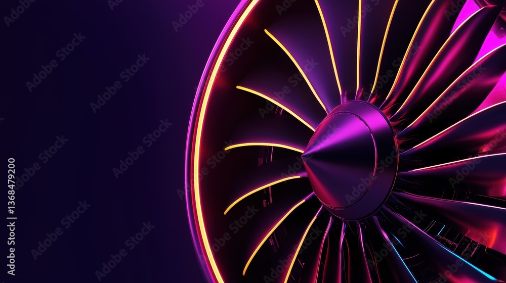 Poster high-tech aircraft engine with neon-lit circuits and mechanical complexity, representing futuristic 