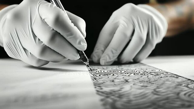 A close-up of a tattoo artist&rsquo;s gloved hands working on an intricate blackwork tattoo, needle buzzing as fresh ink is applied to the skin.